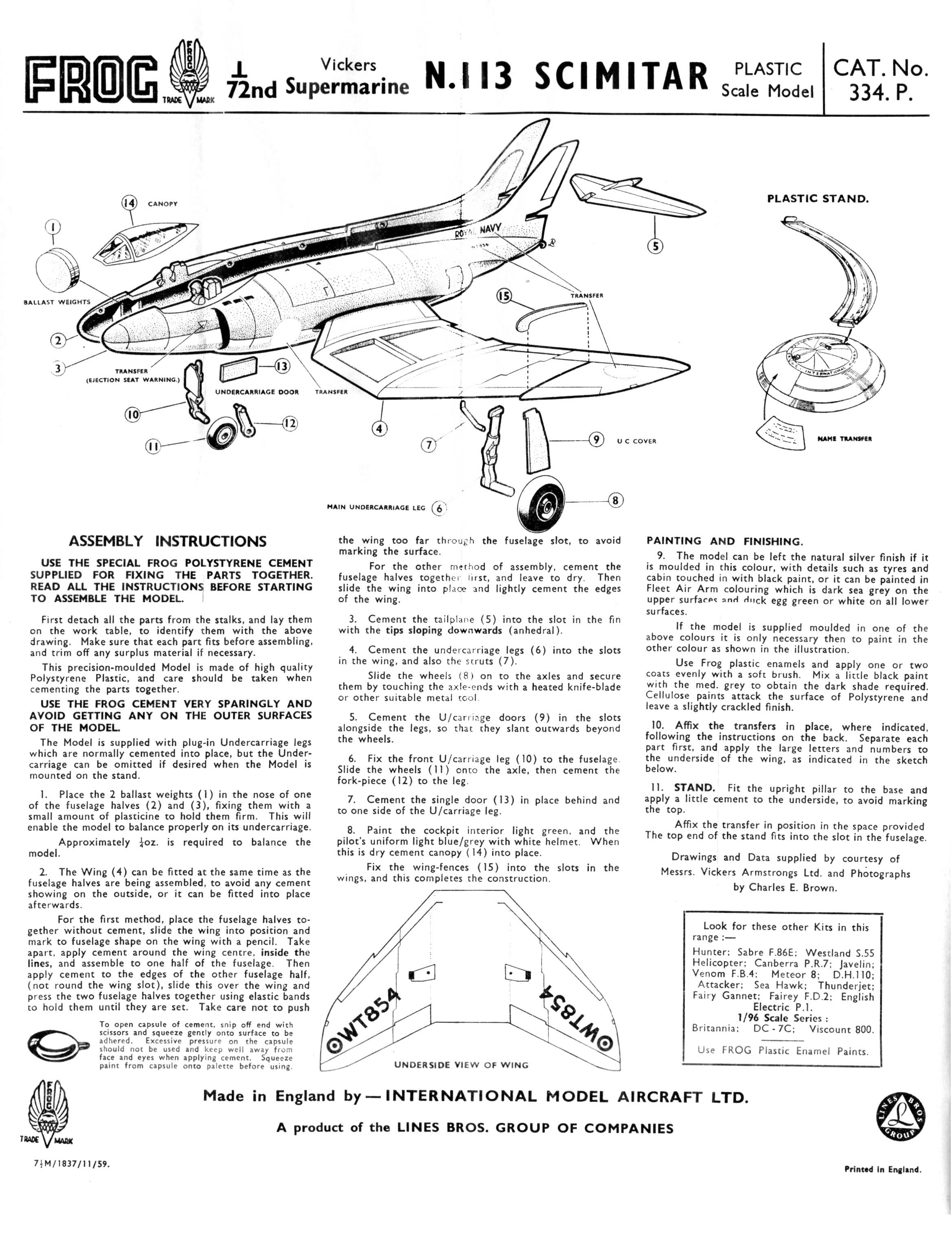 Инструкция по сборке FROG 334P Supermarine N.113, International Model Aircraft Limited, 1957